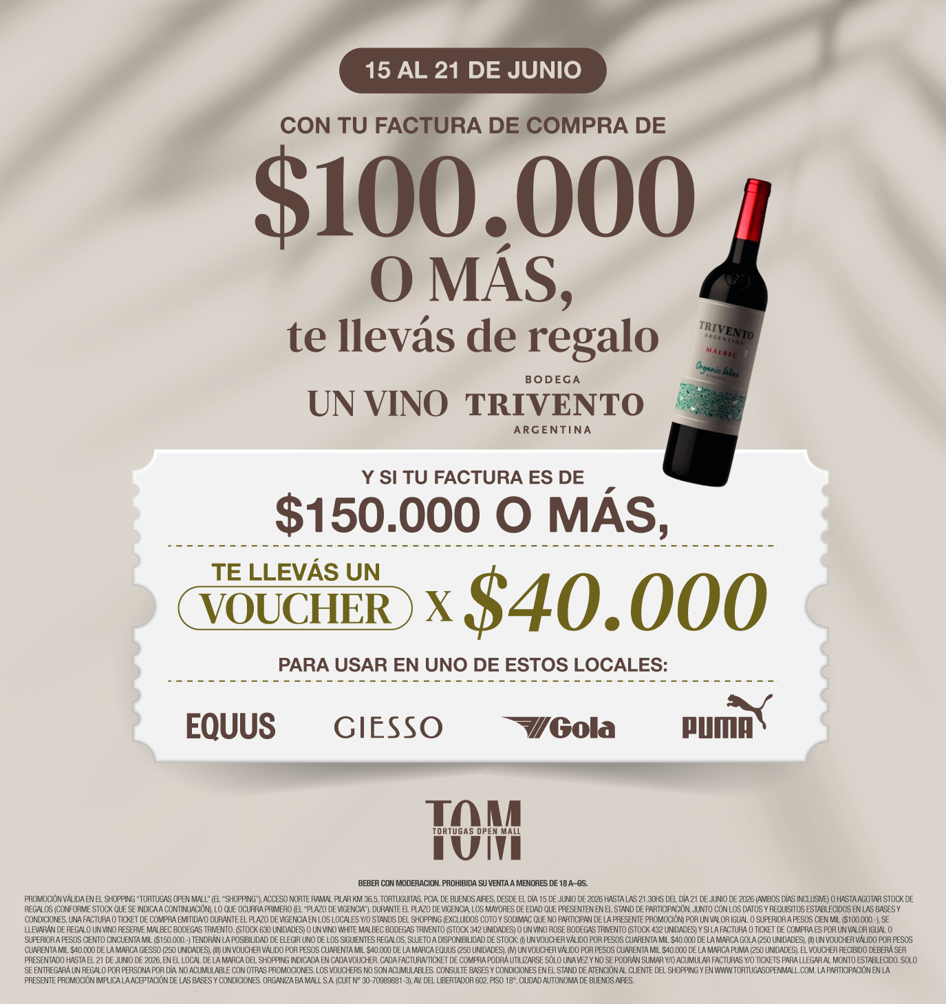 Del 15 al 21 de junio: tu compra en TOM tiene premio 🎁 Vino Trivento o voucher en Puma, Equus, Giesso o Gola